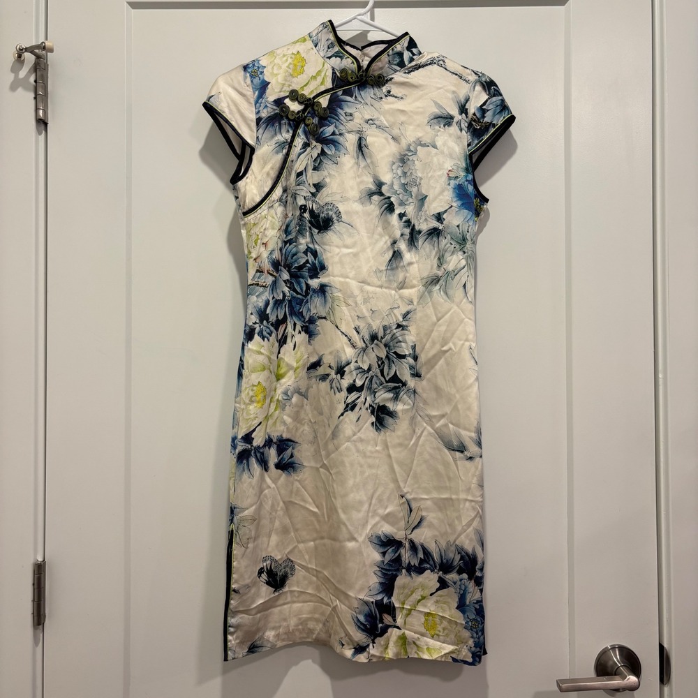 Floral Qipao Cheongsam Dress Blue White Satin Mandarin Collar Frog Button Size L